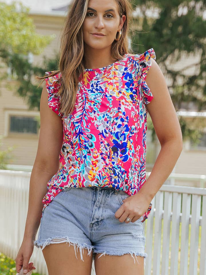 Rose Floral Print Tank Top with Ruffles for wholesale on Faire