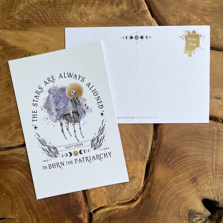Burn the Patriarchy POSTCARD - TAURUS POSTCARD - SAGITTARIUS for wholesale by Heather Gerni Art & Design