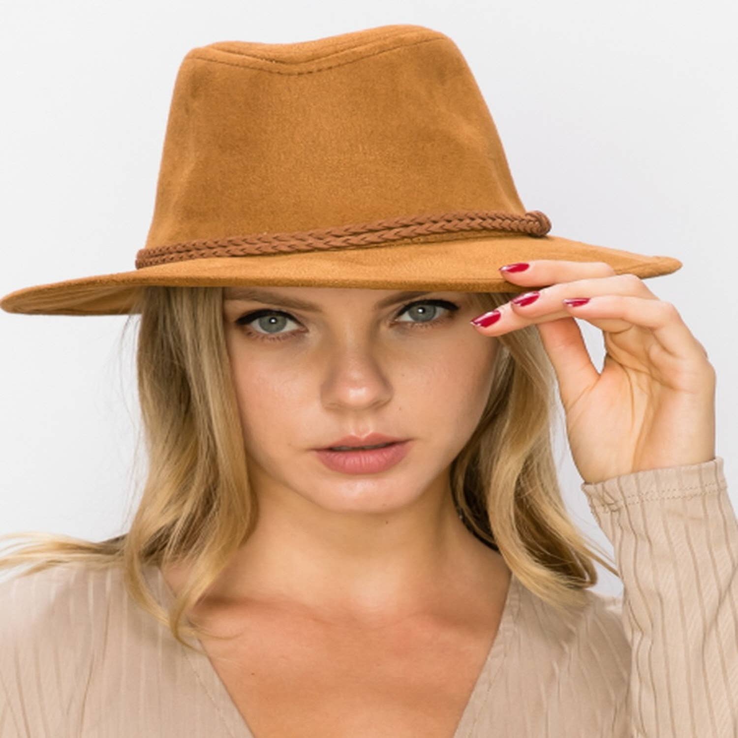 Queens INC - Wholesale Hat Accessory - Women's - Stiff Brim Rancher in  Suede Hat W/ Braided Suede Belt8