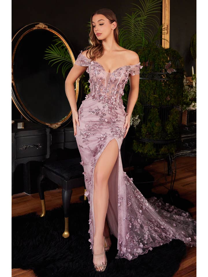 Ladivine by Cinderella Divine - Wholesale Gown - Women's - OFF THE SHOULDER 3D APPLIQUE FLORAL GOWN