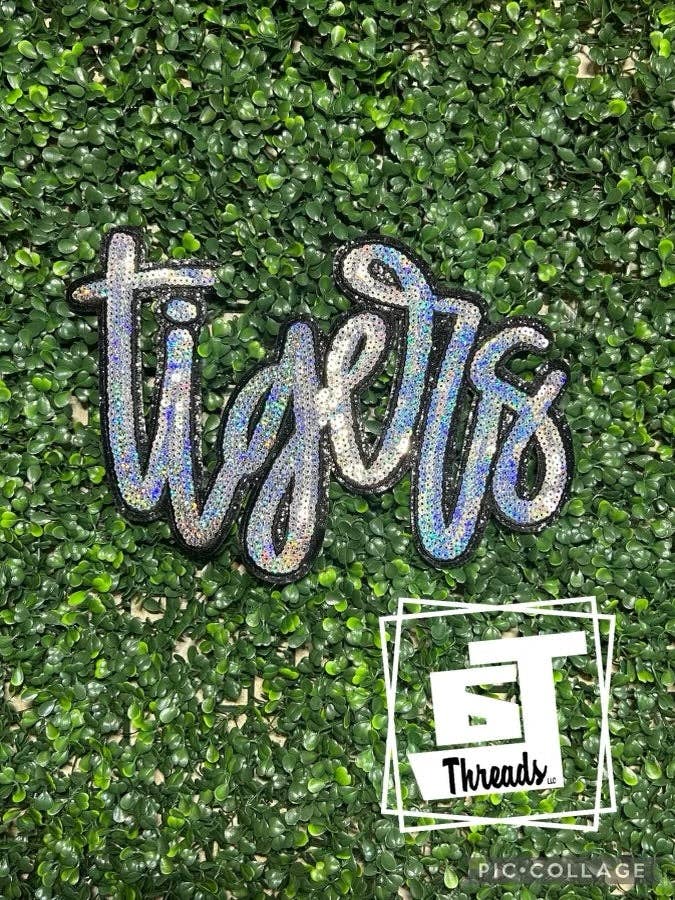 Cursive Sequin Tigers....Patches Only for wholesale by 6j Threads LLC