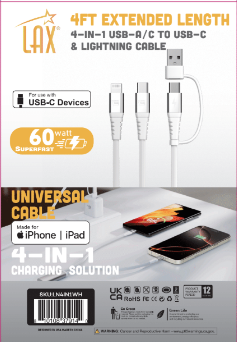 LAX Gadgets - Wholesale Charging Cable - 4-in-1 USB-A/USB-C to USB-C and Iphone Cables-Retail Pack13