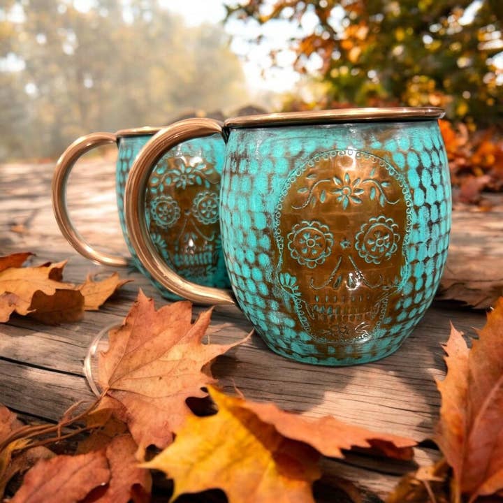 Set of 2 Copper Barrel Mugs w/ Day of Dead Skull, Turquoise for wholesale by Ambiente Home Décor