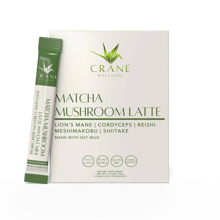 Matcha Mushroom Latte for wholesale by Crane Wellness