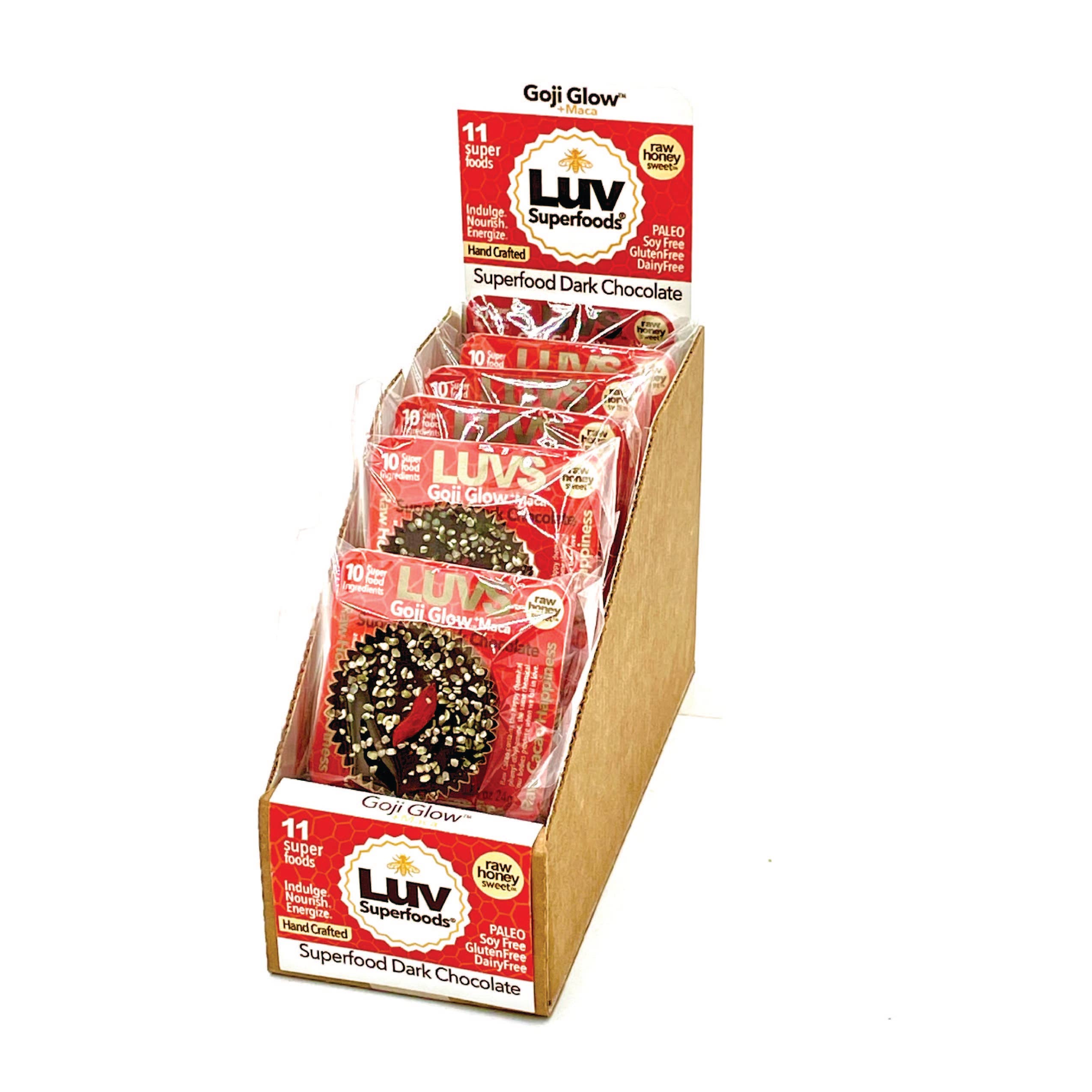 LUV Superfoods – Großhandel Süßigkeiten mit Schokoglasur – Goji Glow +500mg Maca ~ Dunkle Schokoladenbecher3