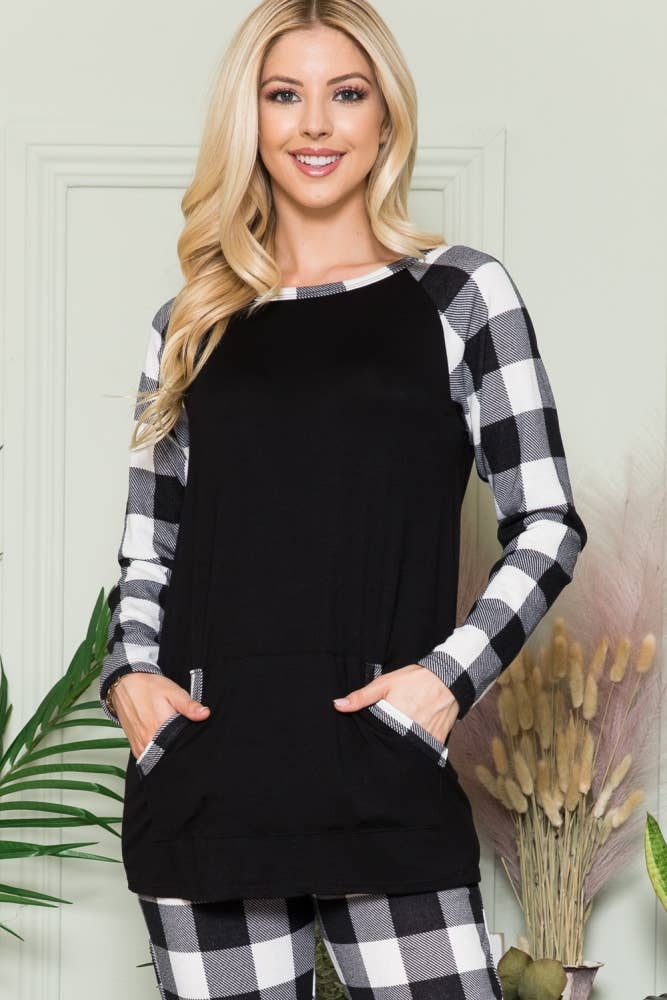 Celeste Clothing - Wholesale Knit Top - Women's - CT43591-SOLID TOP WITH PLAID CONTRAST SLEEVE8