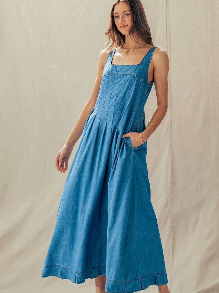 Smocked Back Denim Maxi Dress for wholesale by Urban Daizy