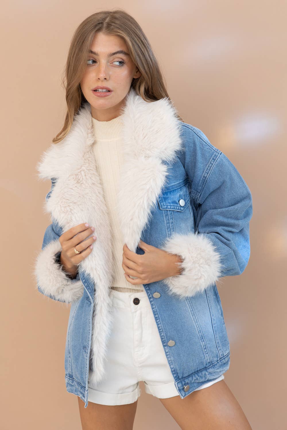 17576J - Fur Collard Cuff Over sized Washed Denim Jacket for wholesale on Faire1