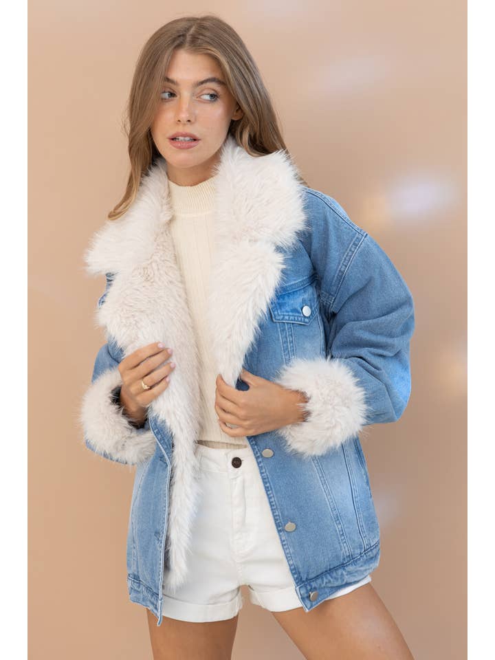17576J - Fur Collard Cuff Over sized Washed Denim Jacket for wholesale on Faire1
