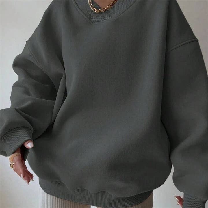 FurDecoration - Wholesale Sweatshirt – Women's - Casual Solid Color V-Neck Long Sleeve Sweatshirt4