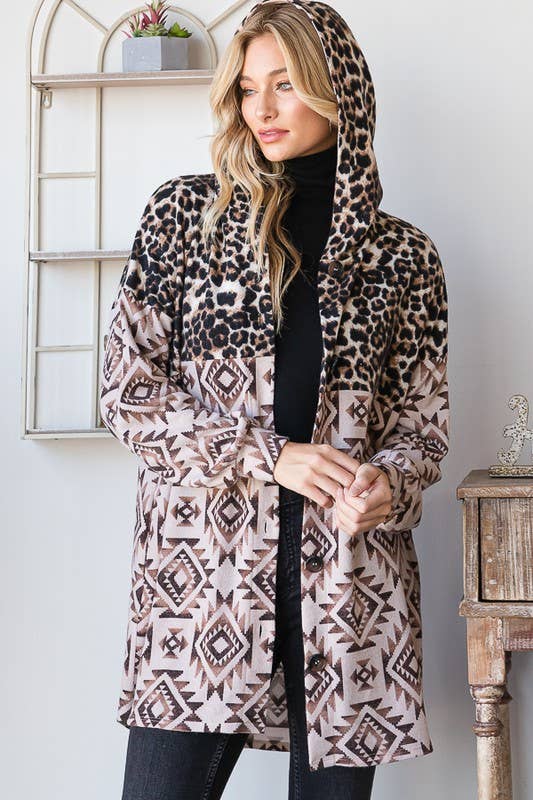 BROWN TAUPE EJ6720-15 AZTEC AND ANIMAL LEOPARD BUTTON DOWN SHACKET for wholesale on Faire7