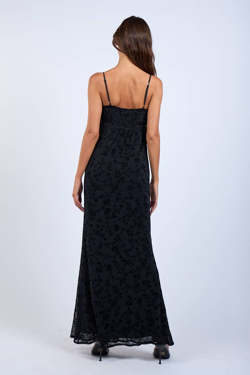 Black FLORAL BURNOUT BACK SMOCKED FIT-IN MAXI DRESS for wholesale on Faire7