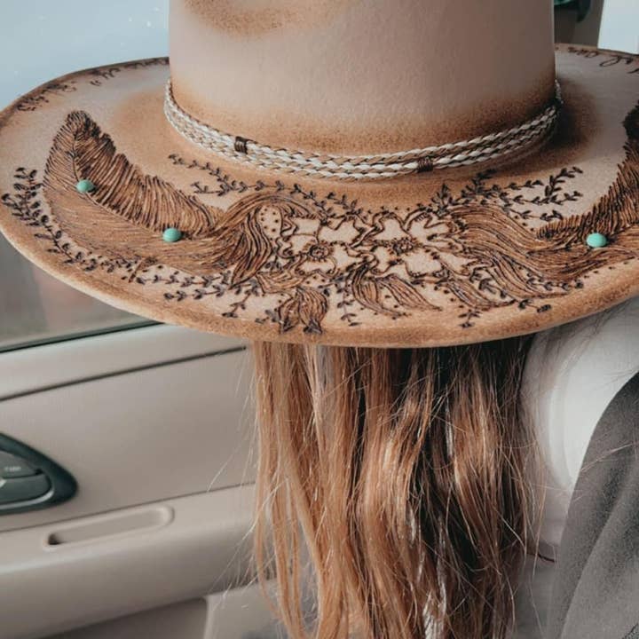 Feathered Gypsy Custom Hats and Boutique - Wholesale Cowboy Hat - Women's - I Can do all things Phil. 4:13 Custom Burned Rancher