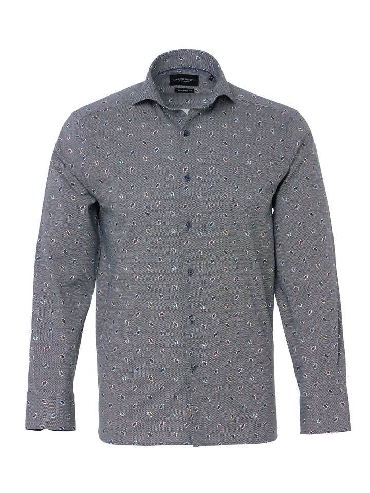 Blaues Geo-Print-Hemd mit Knopfleiste und bunten Blättern für den Großhandel von Luchiano Visconti