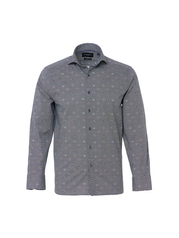 Camicia a maniche lunghe con stampa geometrica blu e foglie multicolori per la vendita all'ingrosso da parte di Luchiano Visconti