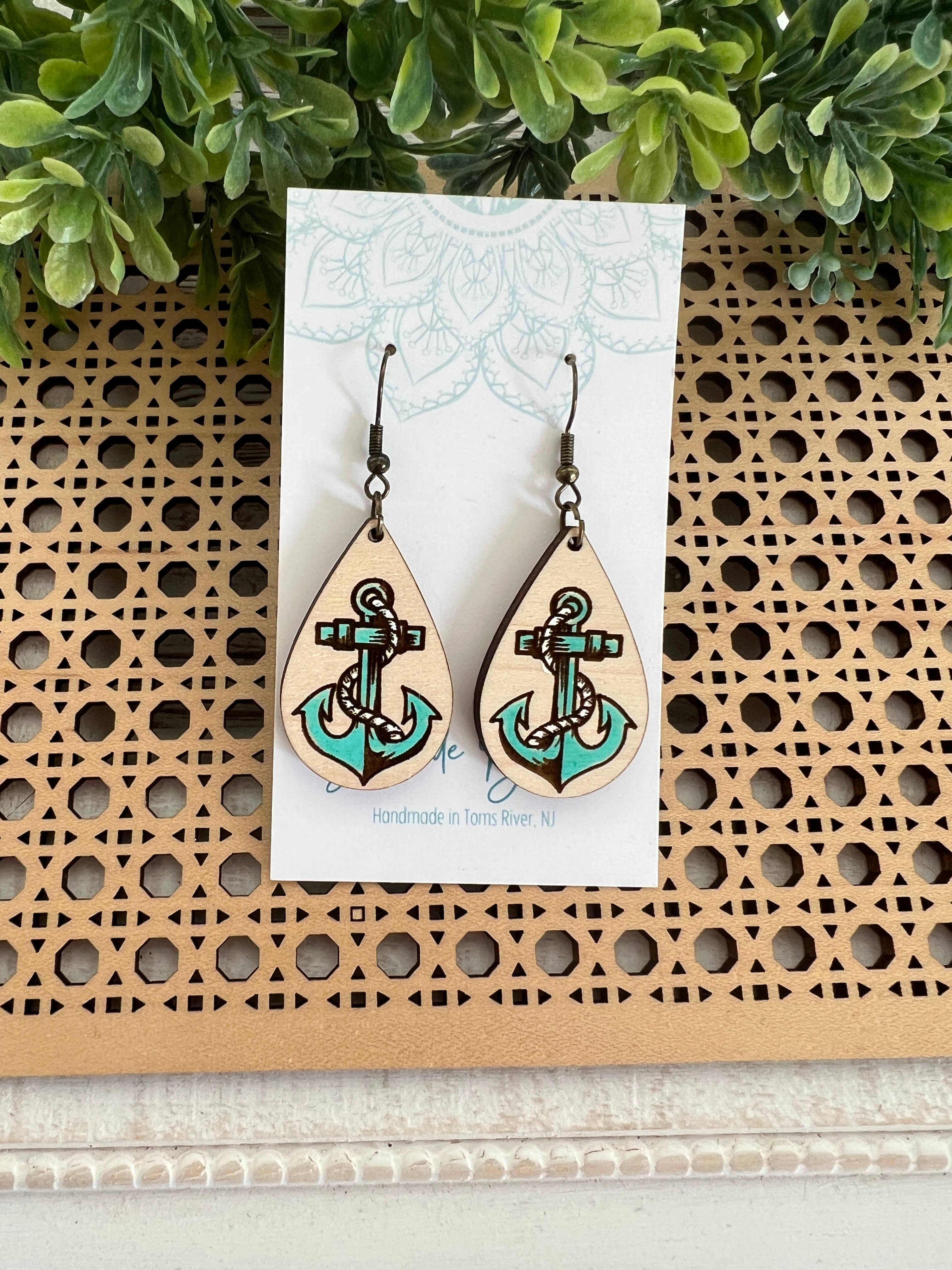 anchor lightweight wood hand painted earrings blue or white for wholesale on Faire6