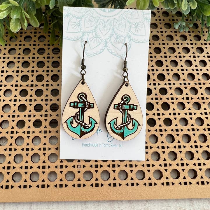 anchor lightweight wood hand painted earrings blue or white for wholesale on Faire6