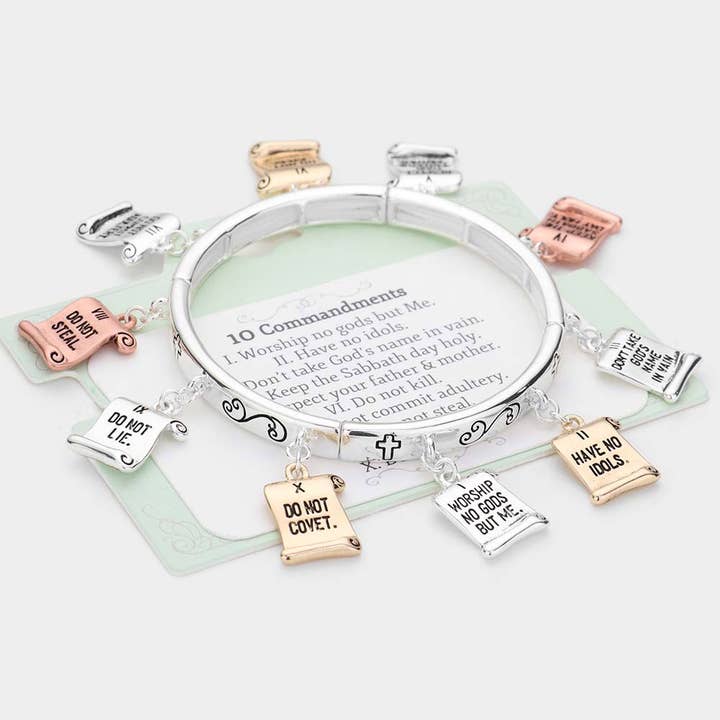 Sensibling Corp. - Wholesale Charm/Dangle Bracelet - 10 Commandments Message Charm Around Stretch Bracelet