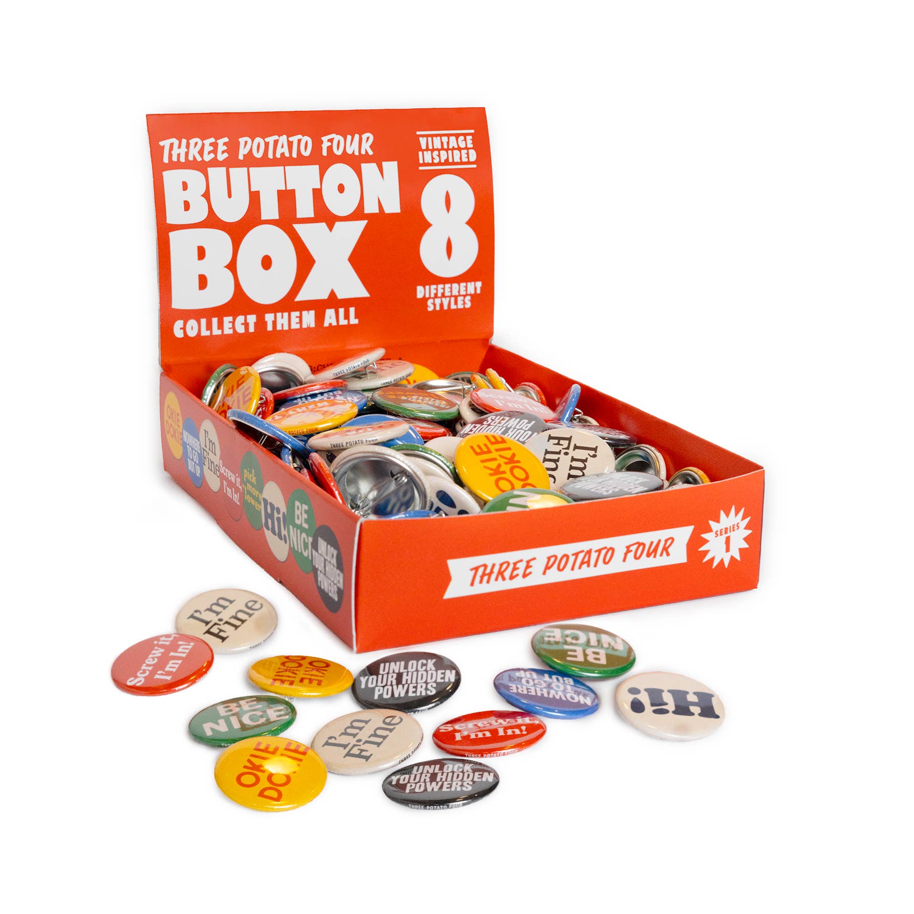Three Potato Four - Wholesale Lapel Pin/Button - Three Potato Four Button Box - Series 13