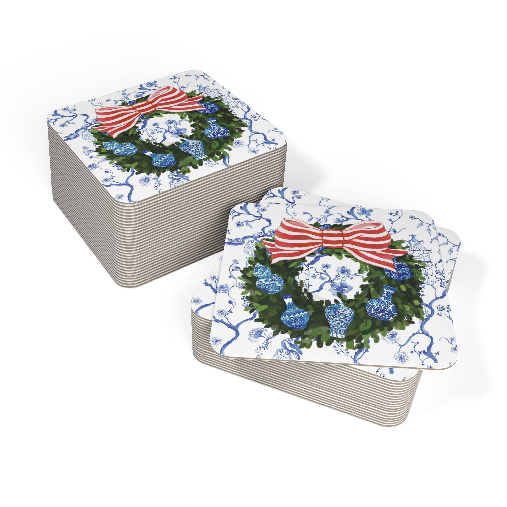 Design Carolinas - Wholesale Disposable Coasters - Chinoiserie Ginger Jar Christmas Wreath Paper Coaster Set1