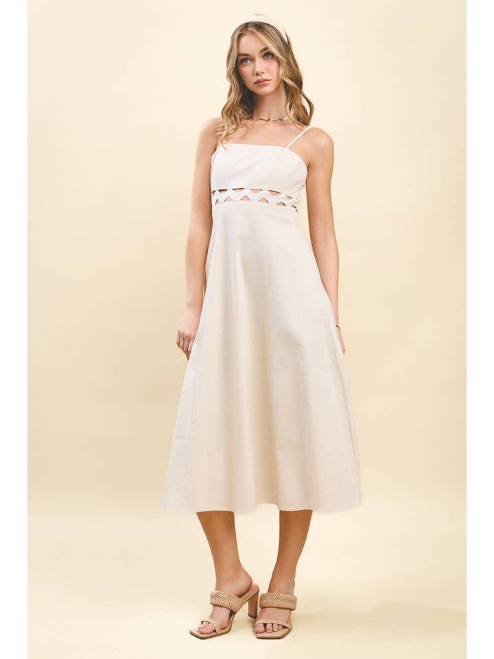 Ivory CD05618-Square Neckline Ric Rac Detail Midi Dress for wholesale on Faire