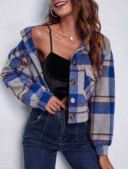 Rosa Clothing - Wholesale Shirt Jacket/Shacket - Women's - Plaid Balloon Sleeve Cropped Shirt Jacket11