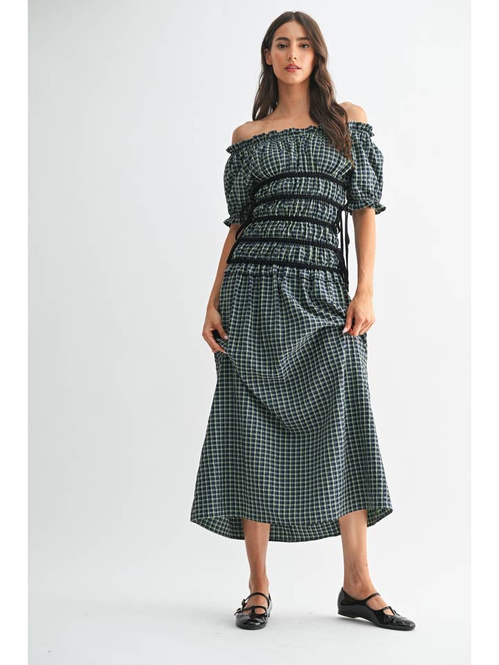 OFF-SHOULDER PLAID MIDI DRESS for wholesale by Camellia