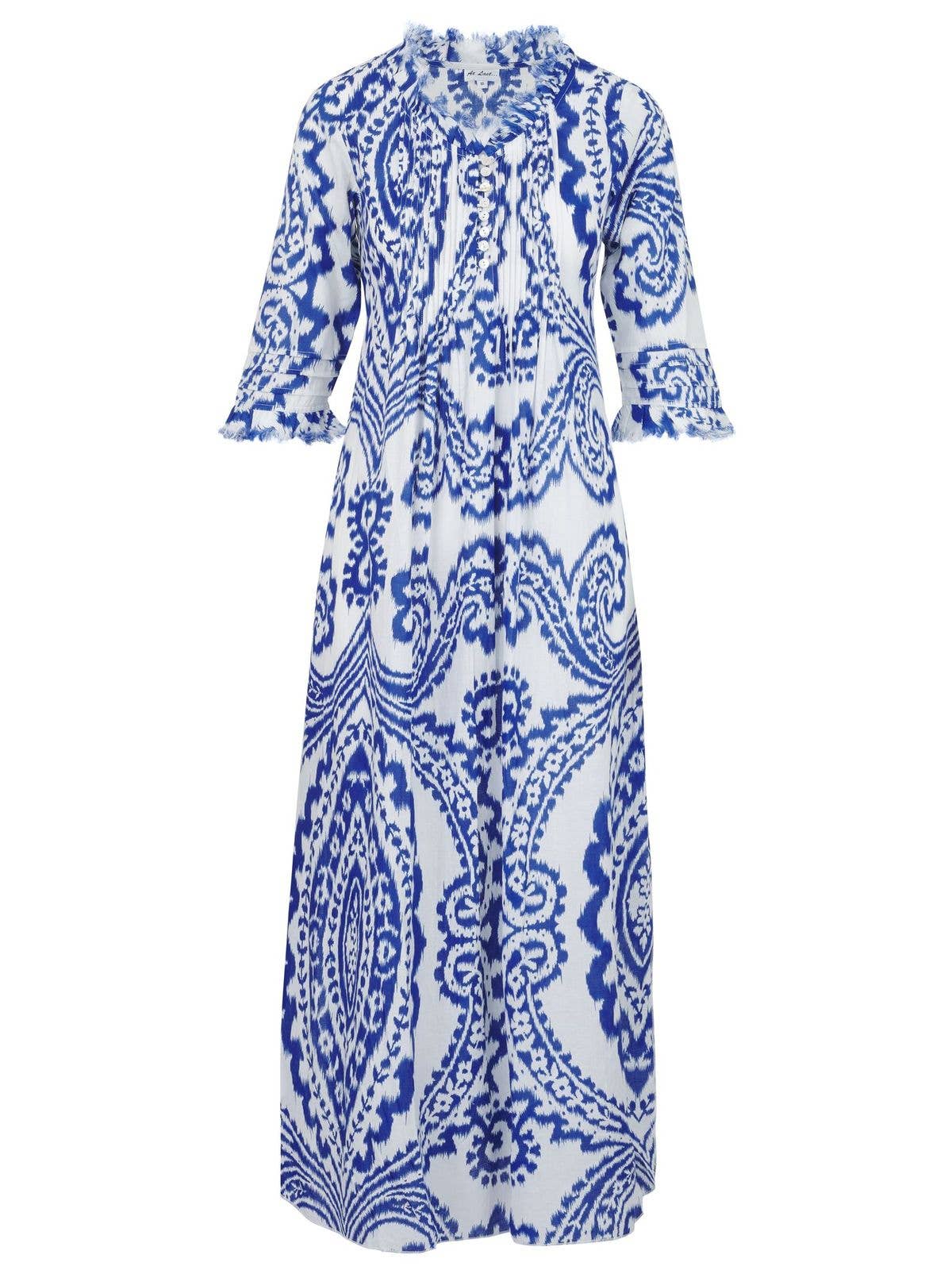At Last - Wholesale Dress - Women's - Cotton Annabel Maxi Dress in Blue & White Ikat1