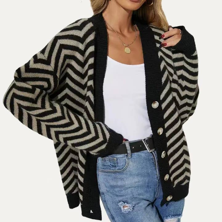 BLACK MULTI Warm Up Striped Button Down Knit Cardigan Sweater for wholesale on Faire2