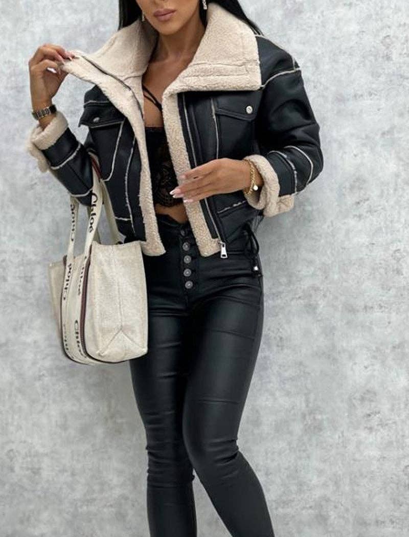 safistyle - Wholesale Leather Jacket - Women's - Faux Leather Sherpa-Lined Jacket1