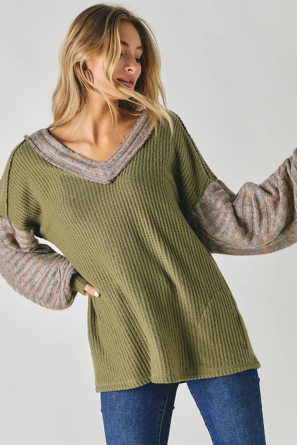 Davi & Dani - Vente Tunique – femme - PLUS LE BLOC DE COULEUR COL EN V HAUT À MANCHES LONGUES15