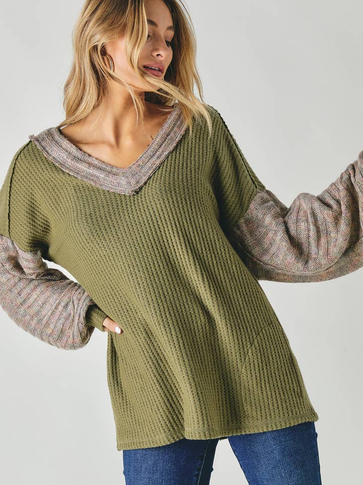 Davi & Dani - Wholesale Tunic - Women's - PLUS COLOR BLOCK V NECK LONG SLEEVE TOP15