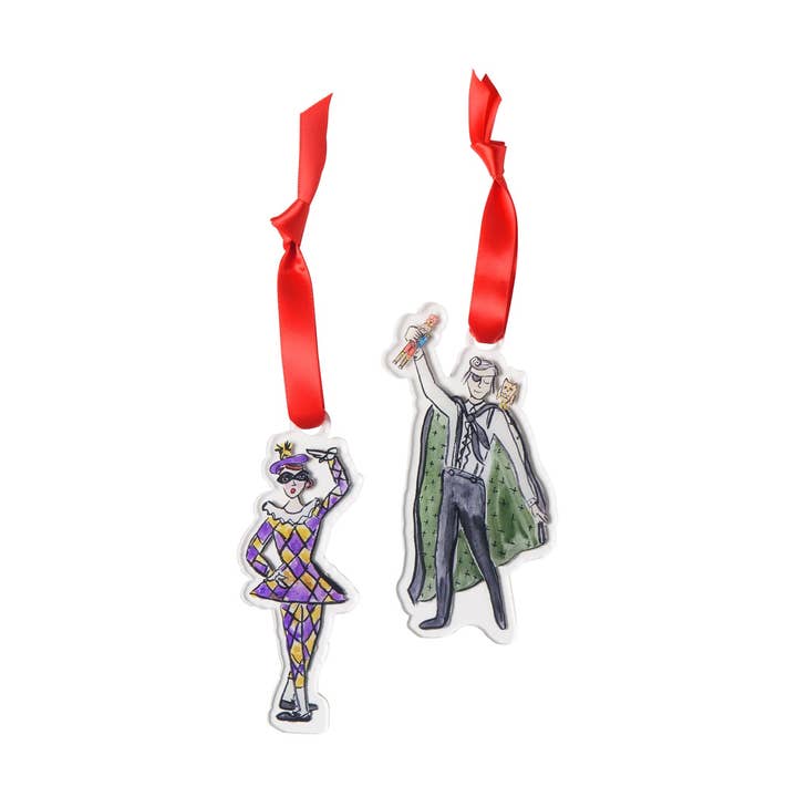 Drosselmeyer & Harlequin Acrylic Ornament Set for wholesale by Over the Moon Gift