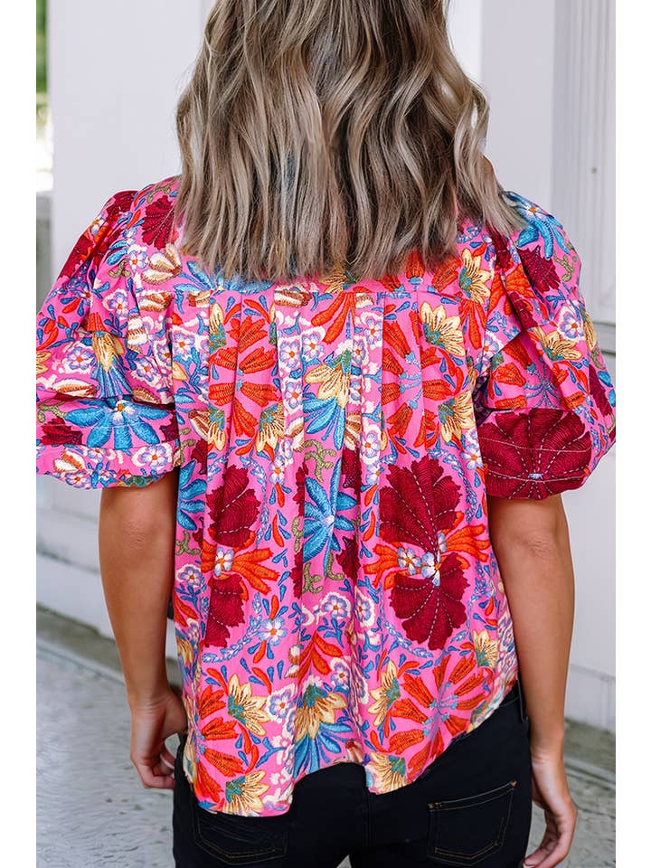 Pink LDC Floral Print Bubble Sleeve Button Up Pleated Shirt for wholesale on Faire