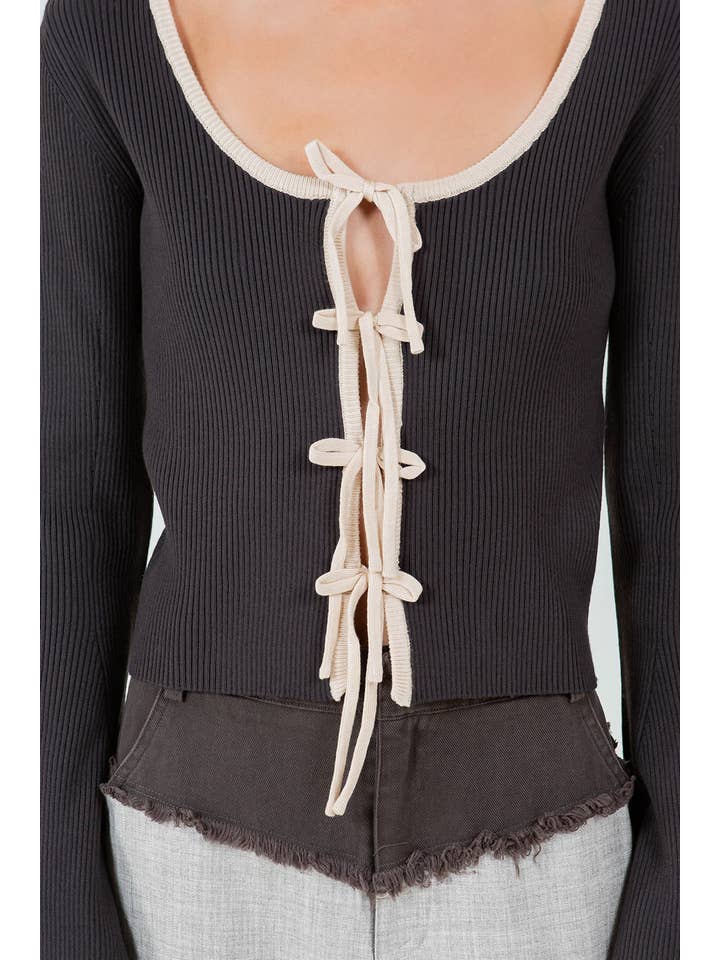 Brown Sand MULTI BOW TIES KNITTED CARDIGAN - BROWN/SAND for wholesale on Faire3