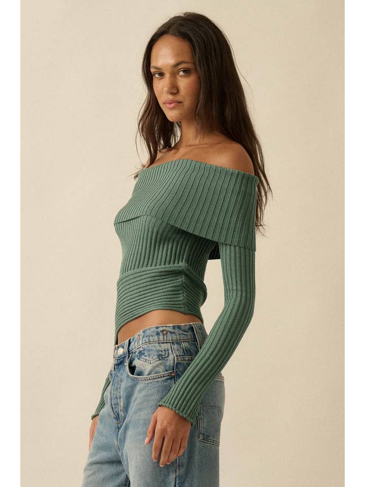 Promesa USA - Wholesale Knit Sweater - Women's - Sheer Rib-Knit Off-Shoulder Foldover Sweater4