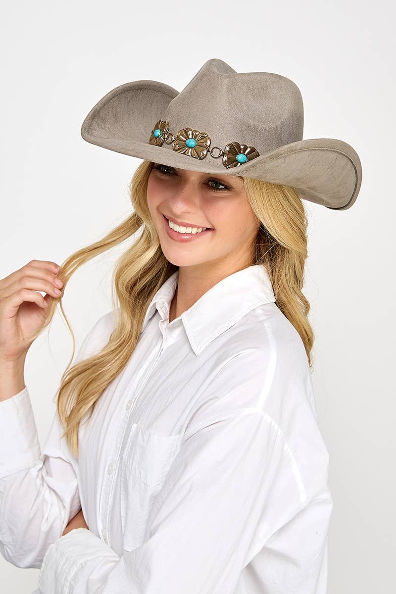 Collections by Fame Accessories – wholesale Fedora – Women’s – Turquoise Stud Rectangular Concho Chain Western Cowboy Hat3