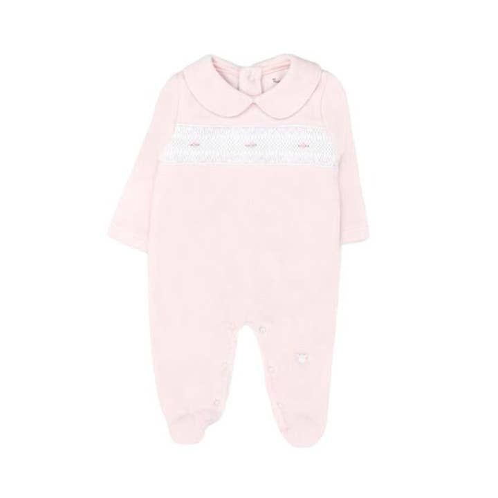 Combinaison en velours smockée à la main, rose pour la vente par Tecomoabesos