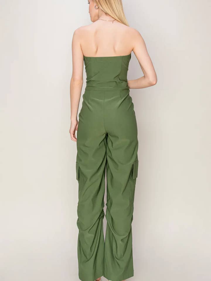 Tasha Apparel Wholesale - Wholesale Jumpsuit - Women's - Utility Pockets Strapless Cargo Jumpsuit - Trendy Boutique Wide Leg Jumpsuit