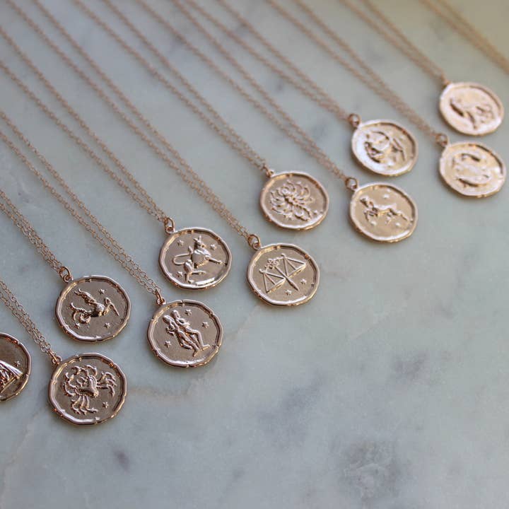 Laalee Jewelry - Wholesale Pendant/Charm Necklace - Rose Gold Zodiac Necklace Coin Disk