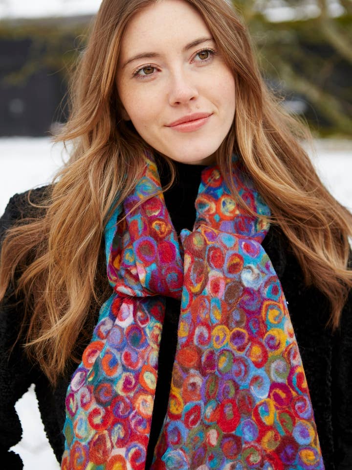 Hand Felted Wool Scarf Sunset Swirl Pattern for wholesale by Pachamama Ltd