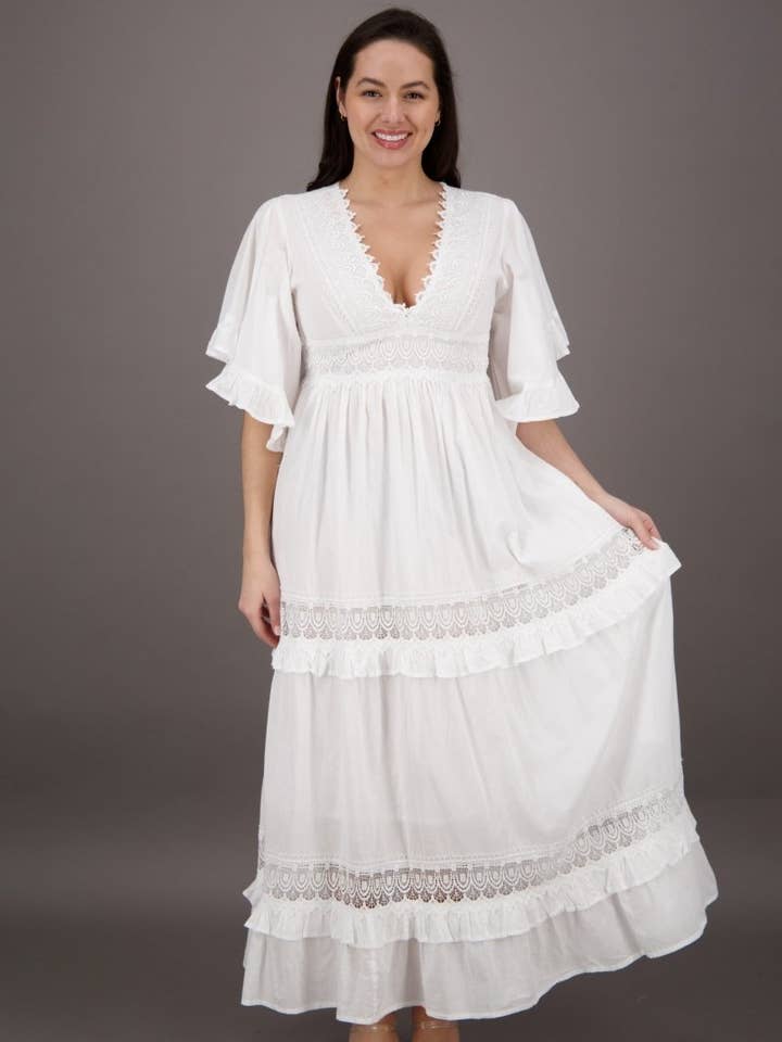 Bell Sleeves White Cotton Dress for wholesale by Advance Apparels