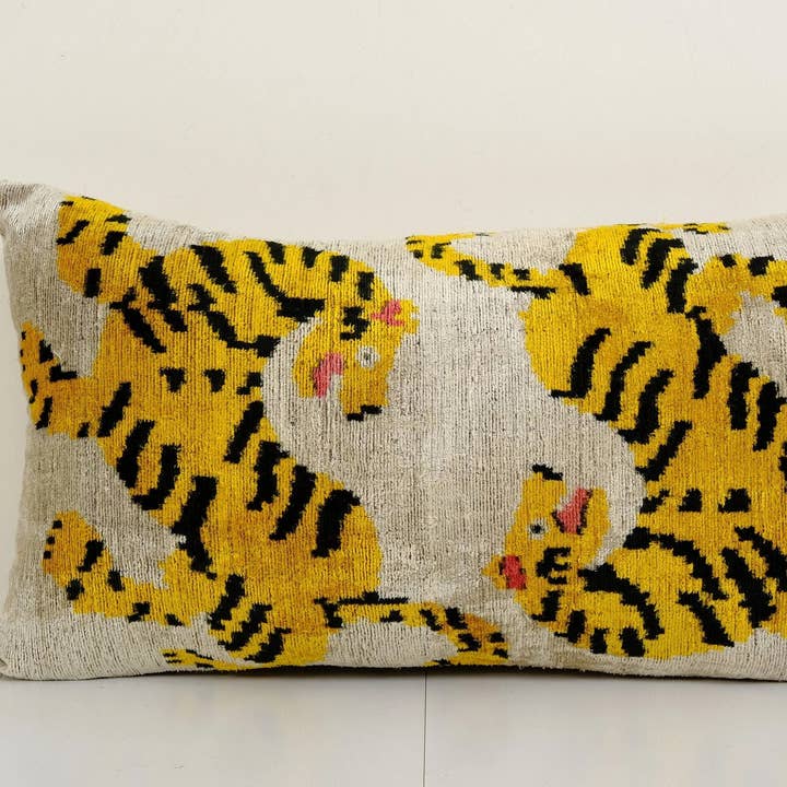 Tiger Ikat Velvet Pillow, Silk Lumbar Cushion Cover, Yellow for wholesale by Vintage Pillows Store
