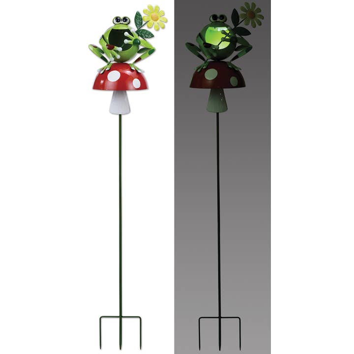 Froggy Mushroom Solar Garden Stake 41" for wholesale by Sunset Vista Designs