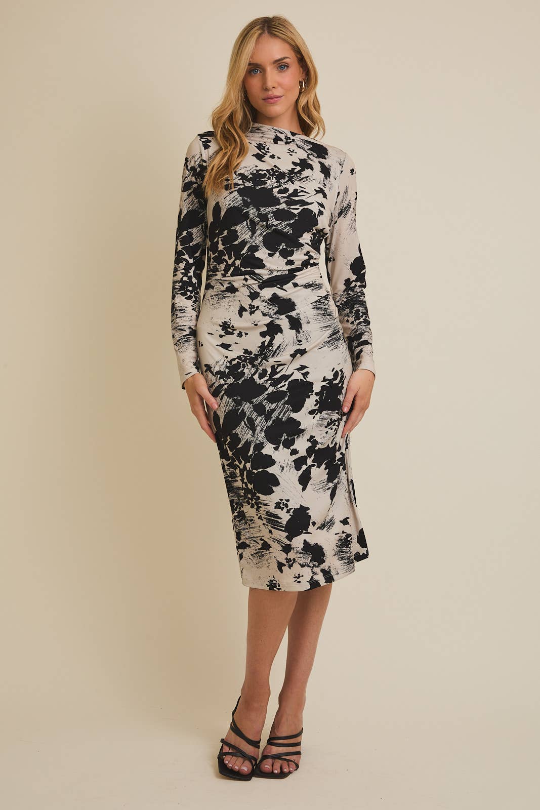 TAUPE BLACK FLORAL MOCK NECK LONG SLEEVE FLORLA PRINT MIDI DRESS for wholesale on Faire1