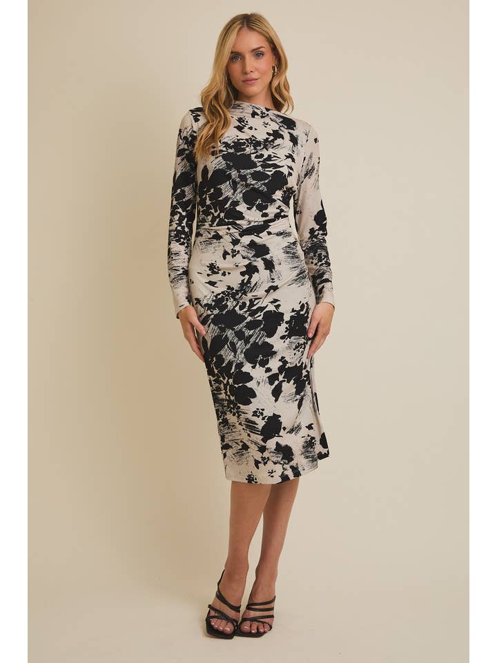 TAUPE BLACK FLORAL MOCK NECK LONG SLEEVE FLORLA PRINT MIDI DRESS for wholesale on Faire1