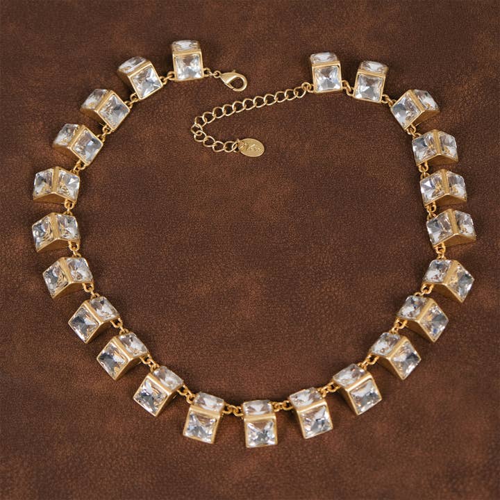 Vintage 18K Gold Plated Geometric Figure Crystal Necklace for wholesale by GirlyPirateCo