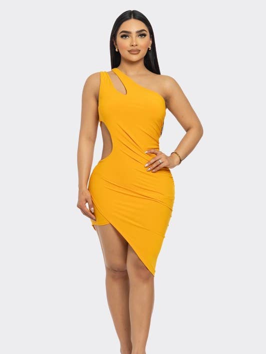 YELLOW SLEEVELESS CROSSOVER CUT-OUT WAIST MINI DRESS D10368D for wholesale by Stylish Wholesale