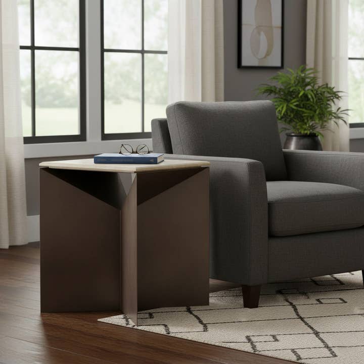 Bijzettafel - Ivoor/Zwart Metalen Stenen Sculpturale Basis, 25 in. voor wholesale door Elevarre