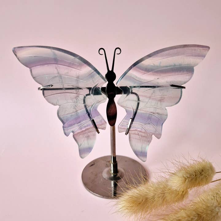 Candy Fluorite Butterfly Gemstone Crystal Carving with Metal Stand butterfly for wholesale by Moonlight Gemstones